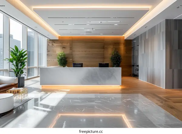 Office Lobby Interior Design With Wood And Marble