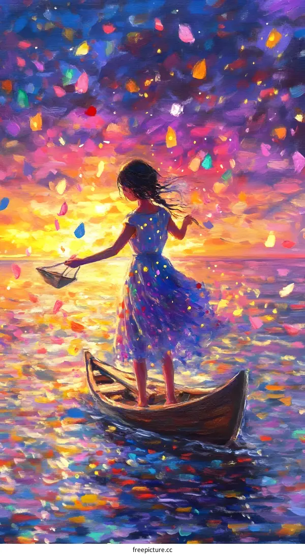 Woman in a Boat with Falling Petals