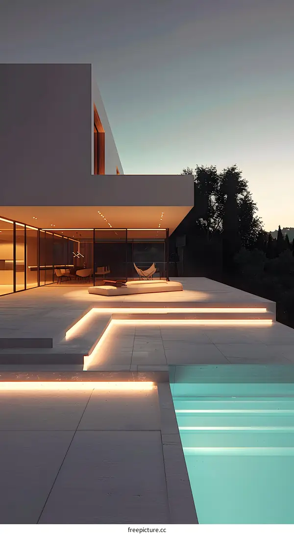 Modern House With Pool And Outdoor Lighting At Sunset