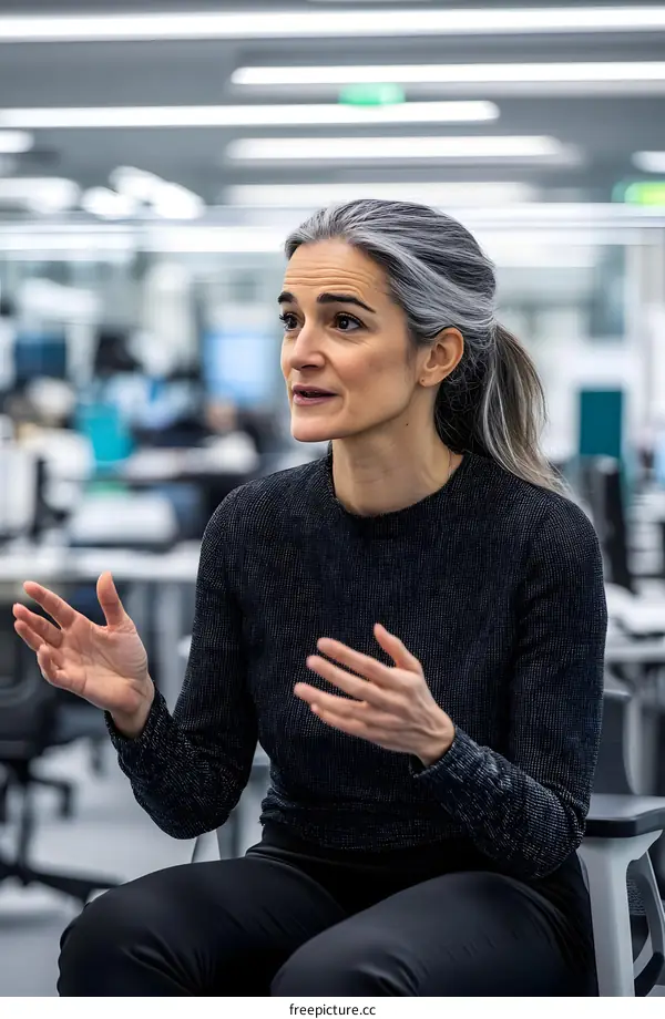 Woman with Gray Hair Sitting in an Office Chair Talking