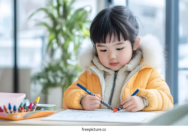 Little Girl Drawing With Crayons