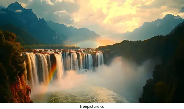 Majestic Waterfall in Mountainous Landscape at Sunset