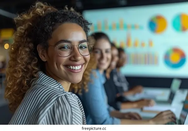 Smiling businesswoman with curly hair wearing glasses in a meeting with her colleagues