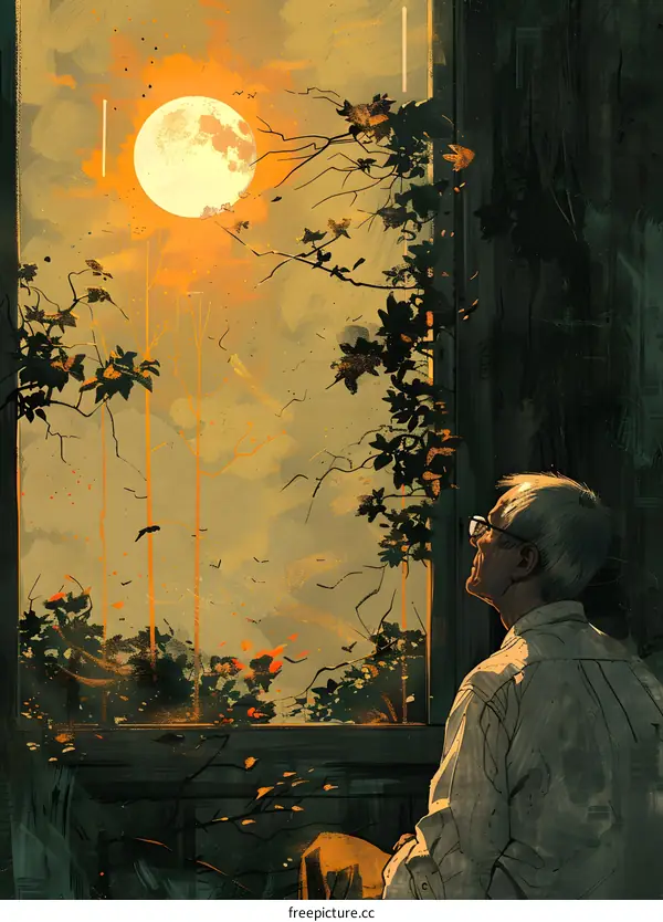 Old Man Looking Out Window at the Moon