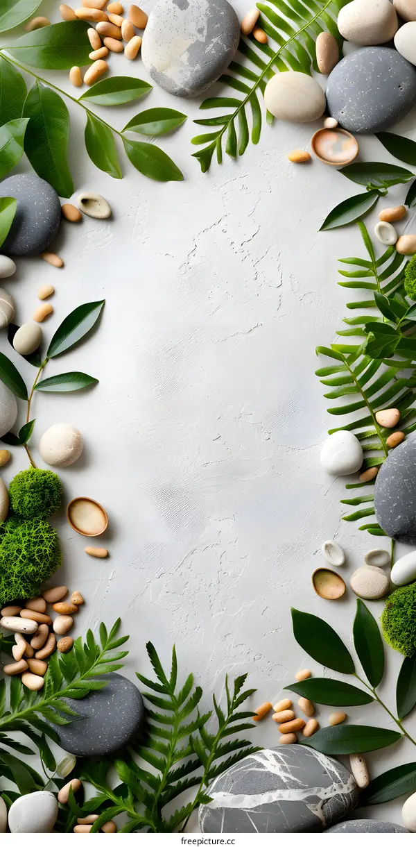 White Background With Green Leaves and Stones