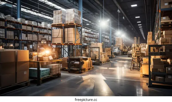 Large Warehouse with Shelves Full of Boxes