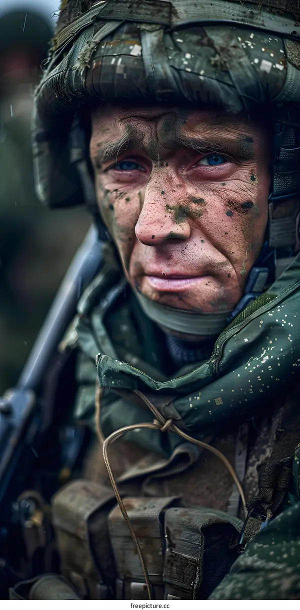 Portrait of a soldier in the rain