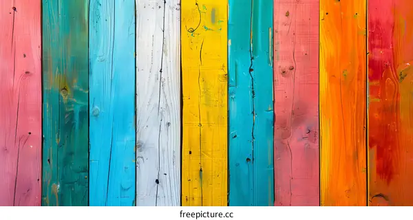 Colorful painted wooden fence planks