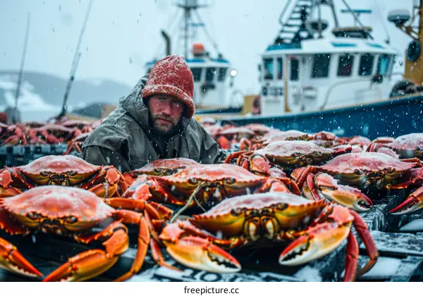 A fisherman stands amidst a large catch of snow crabs on a snowy day.