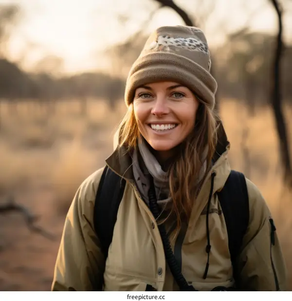 Portrait of a smiling woman in a safari outfit standing in the middle of a grassy field