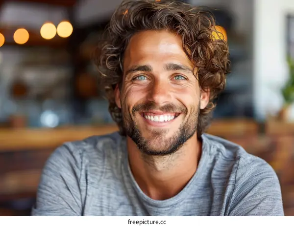 Smiling Caucasian Man Portrait in Cafe