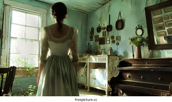 Woman standing in a room with a piano