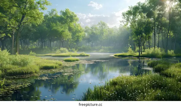 Misty Forest Lake and Sunlit Reflections