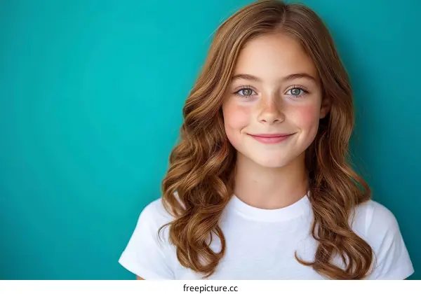 Smiling Caucasian Girl Portrait Against Teal Background
