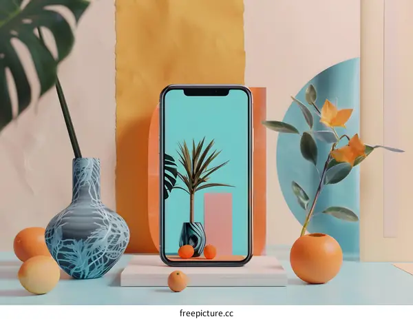 Modern Phone Mockup with Tropical Plants and Fruit