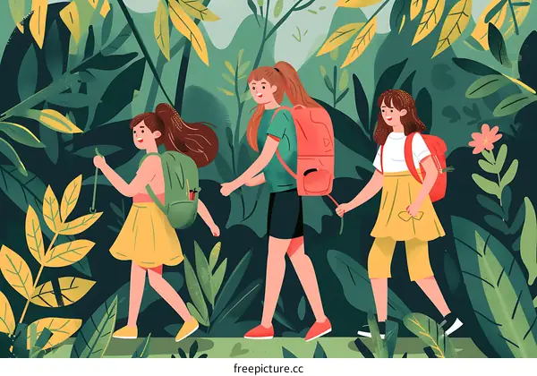 Three Girls Hiking in the Forest