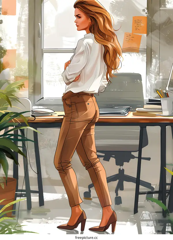 businesswoman standing in front of a desk looking out the window