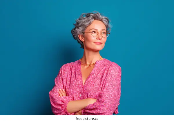 Stylish Woman in Pink Top against a Blue Background
