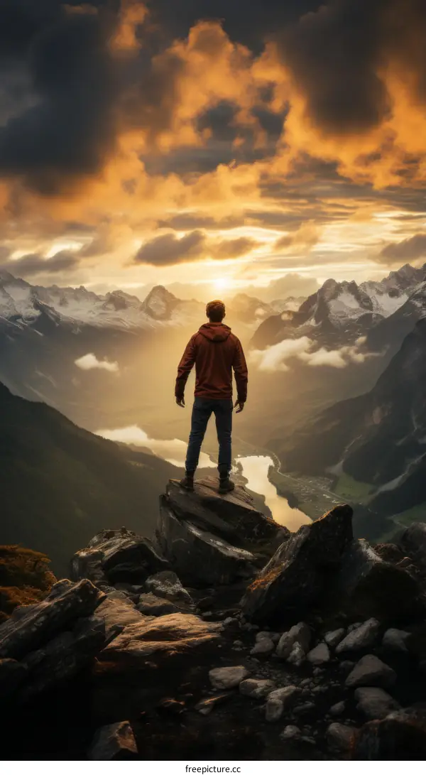 Man standing on a rock admiring the sunset over a mountain range
