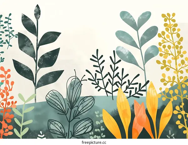 Abstract Green Yellow Leaves Botanical Art Illustration