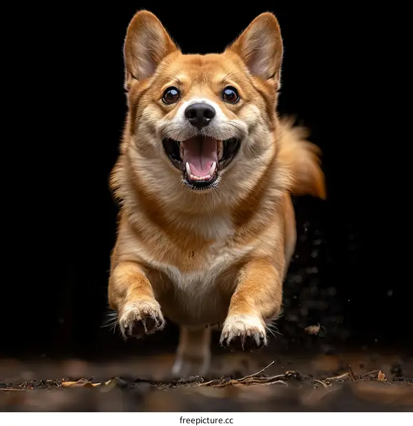 A Corgi Running Playfully in the Woods