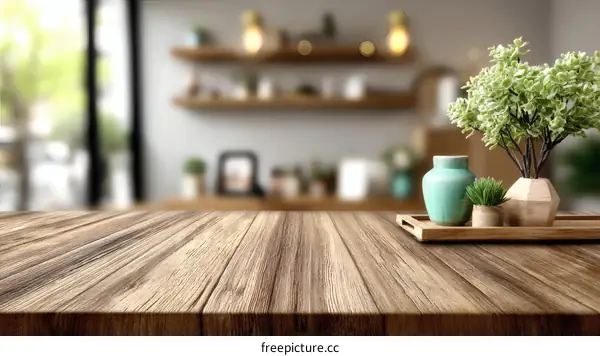 Wooden Tabletop with Decorated Tray