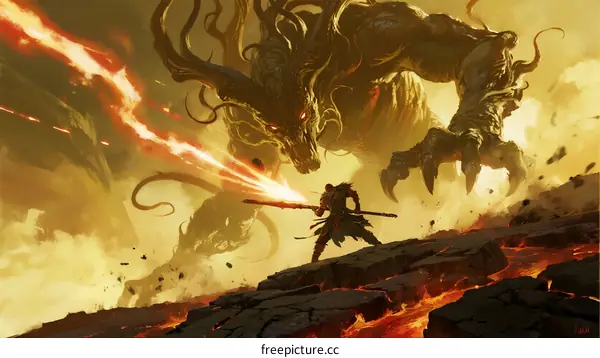 Epic Battle Between Warrior and Massive Fire-Breathing Dragon