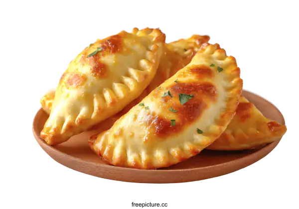 [Transparent Background PNG]Golden Fried Empanadas on a Wooden Plate