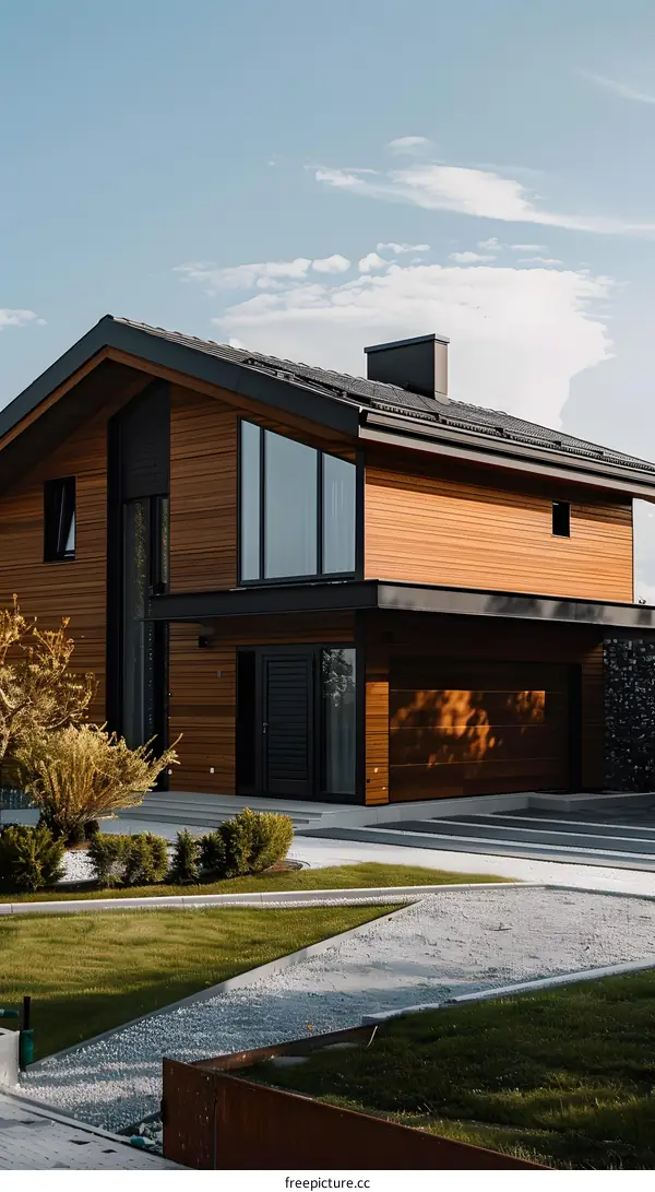 Modern Wooden House with Gravel Driveway and Lush Lawn