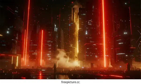 Futuristic cyberpunk cityscape with glowing neon lights at night