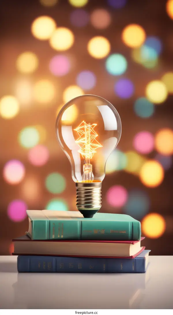 Light bulb on top of stack of books with blurred colorful lights in the background