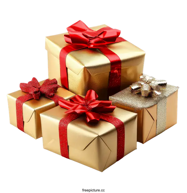 [Transparent Background PNG]Golden Gift Boxes with Red Ribbons