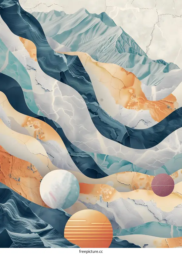 Abstract Mountain Landscape with Wavy Lines and Circles