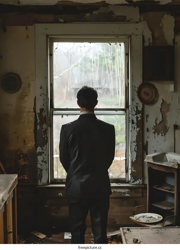 man in suit looking out window in abandoned house