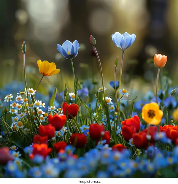 Field of flowers with red, yellow, orange, violet and blue flowers