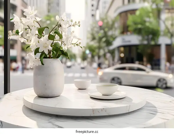 White Flower Arrangement on Marble Table with City View