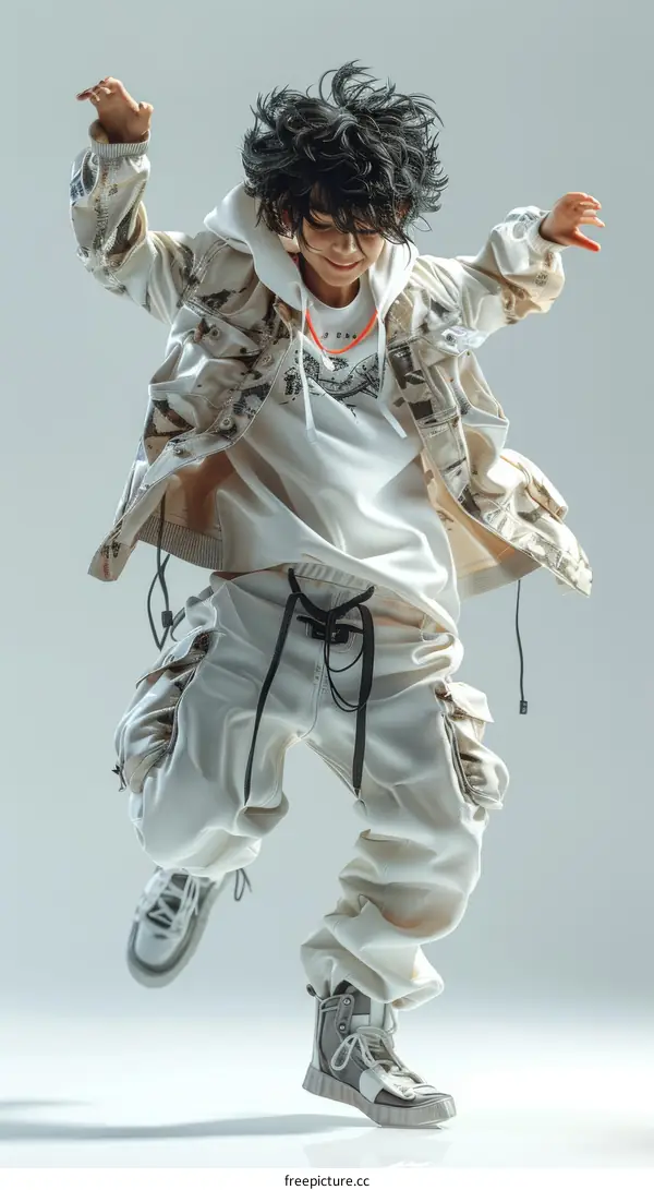 A young boy in a white and gray outfit is dancing in the air.