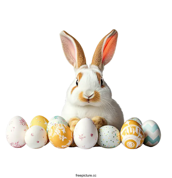 [Transparent Background PNG]Adorable Easter Bunny with Colorful Eggs