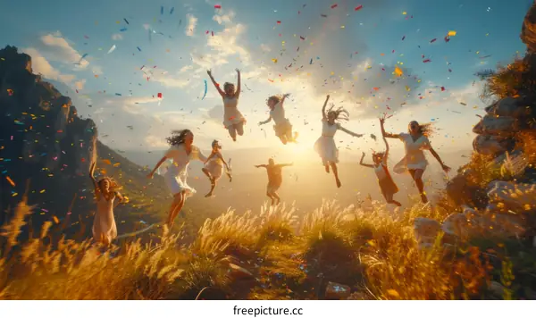 carefree friends jumping with joy in a beautiful natural setting
