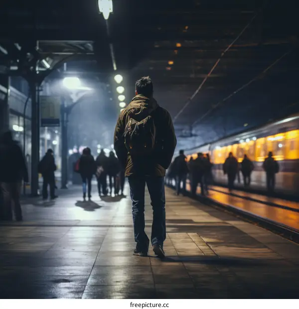 Man walking alone at night in a busy train station