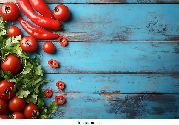 Fresh Red Tomatoes and Chili Peppers on Blue Wooden Background