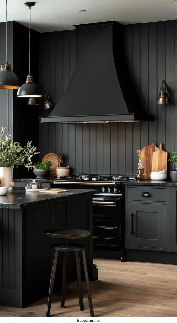 Modern Dark Kitchen with Black Range Hood
