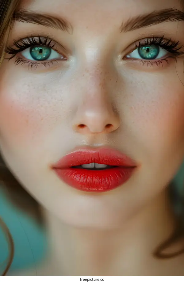 Close-up portrait of a beautiful caucasian woman with freckles and green eyes