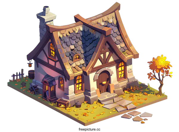 [Transparent Background PNG]Cartoon Style Illustration of a Cozy Cottage with Autumn Leaves