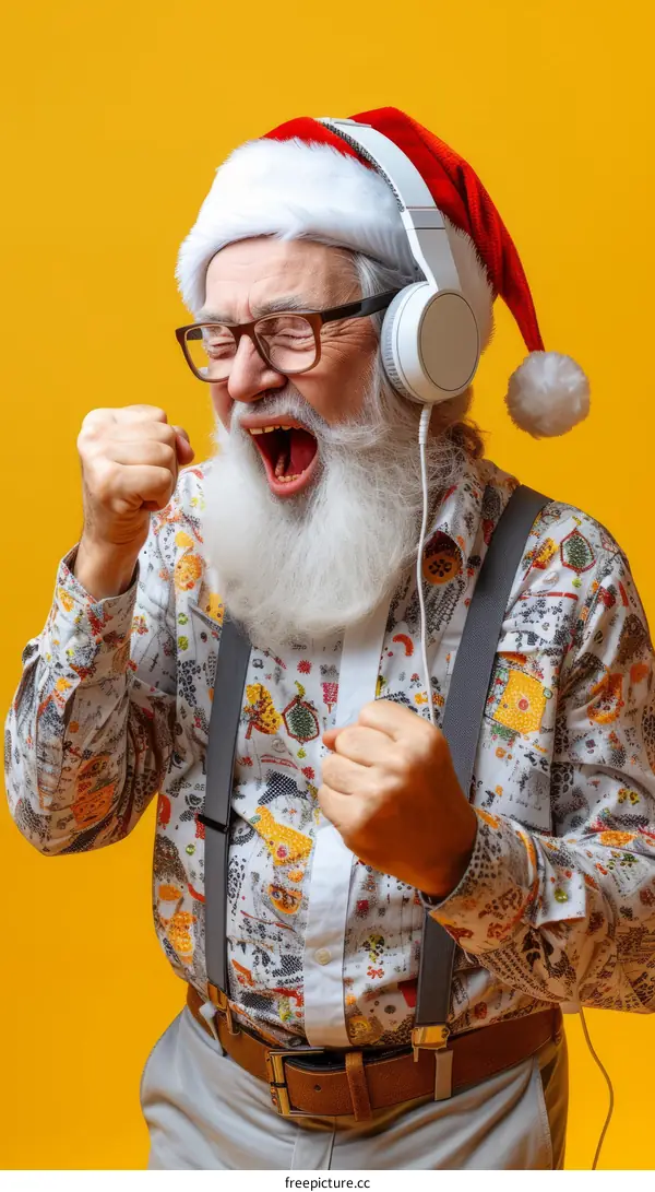 Ecstatic old man with white beard and eyeglasses wearing Santa hat and headphones while listening to music and dancing