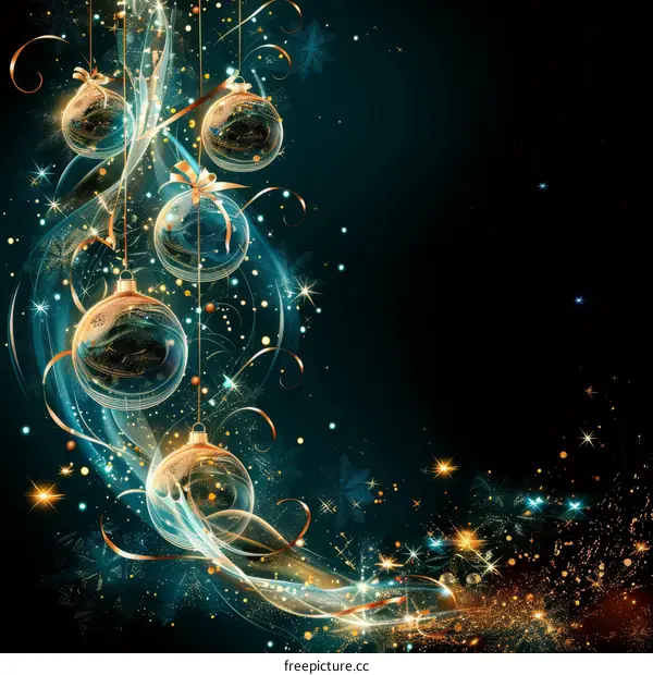 Golden Christmas Decorations Sparkle Against Black Background