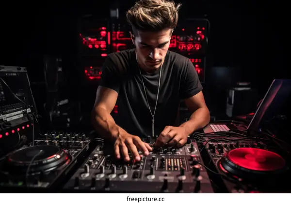 Male DJ Mixing Music at a Club with Red and Blue Lights
