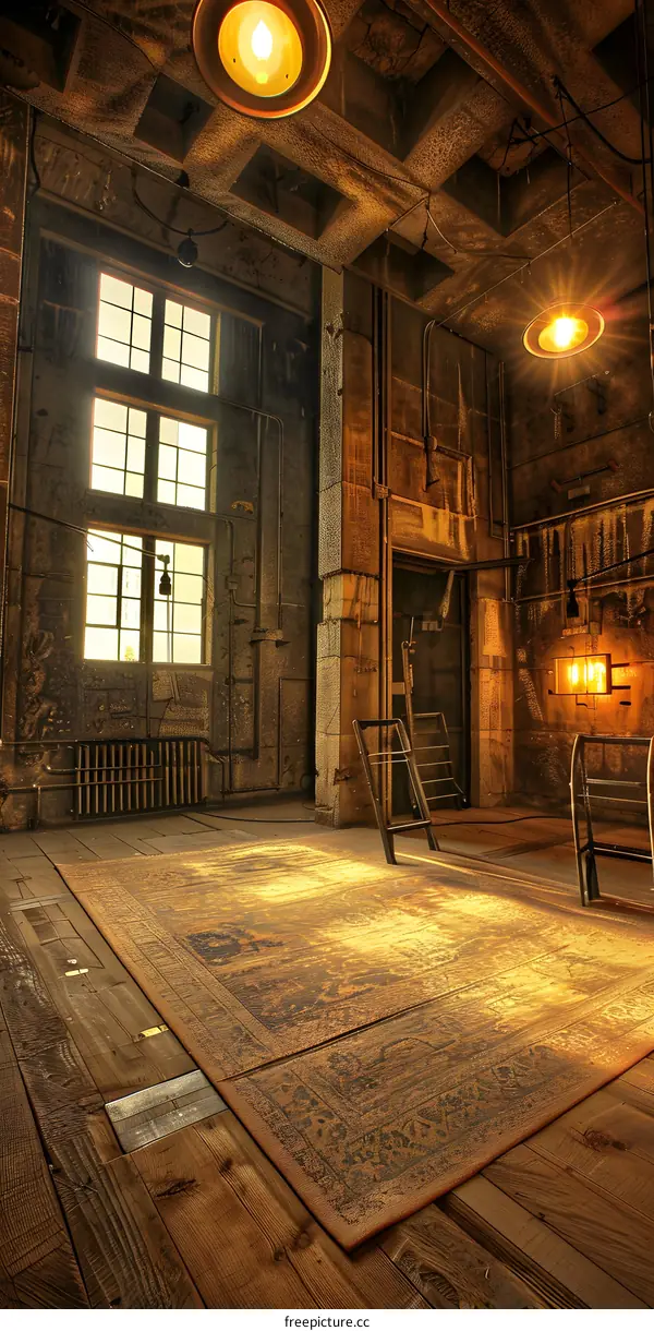Old Abandoned Industrial Building Interior with Wooden Floor and Carpet