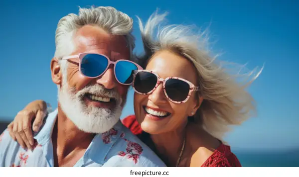 Happy retired couple smiling and hugging on a sunny day