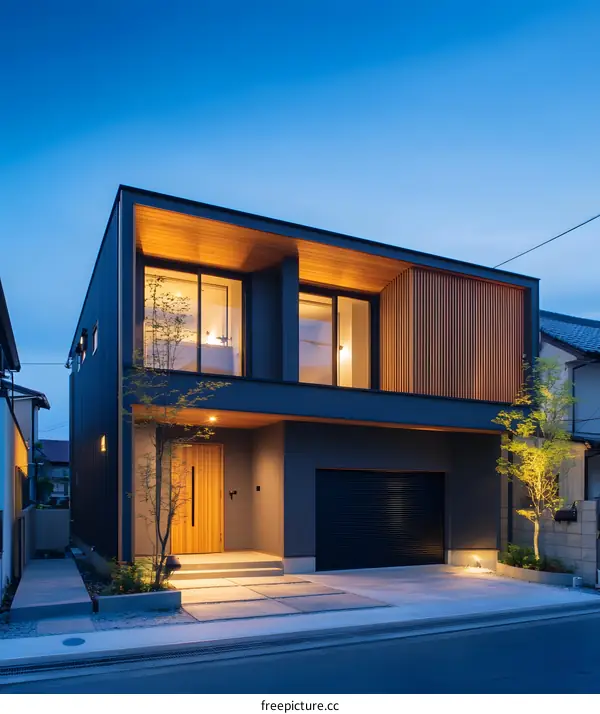 Modern Two Storey House With Wooden Accents At Dusk